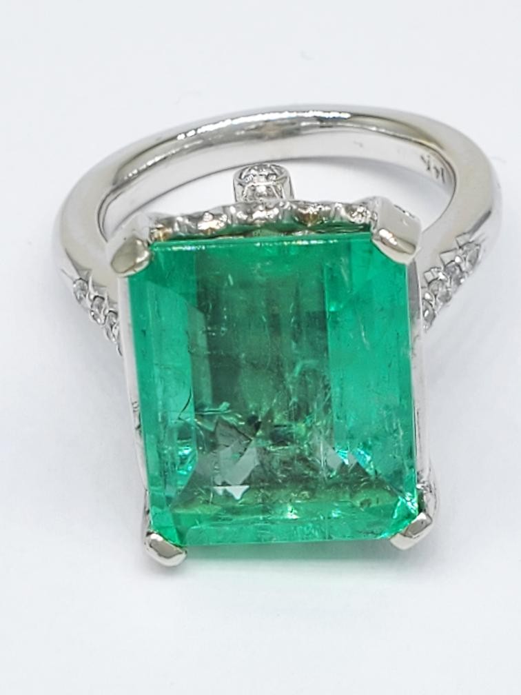 10.10ct Octagonal Emerald Diamond Accent Ring — GIA Certified, 14k White Gold