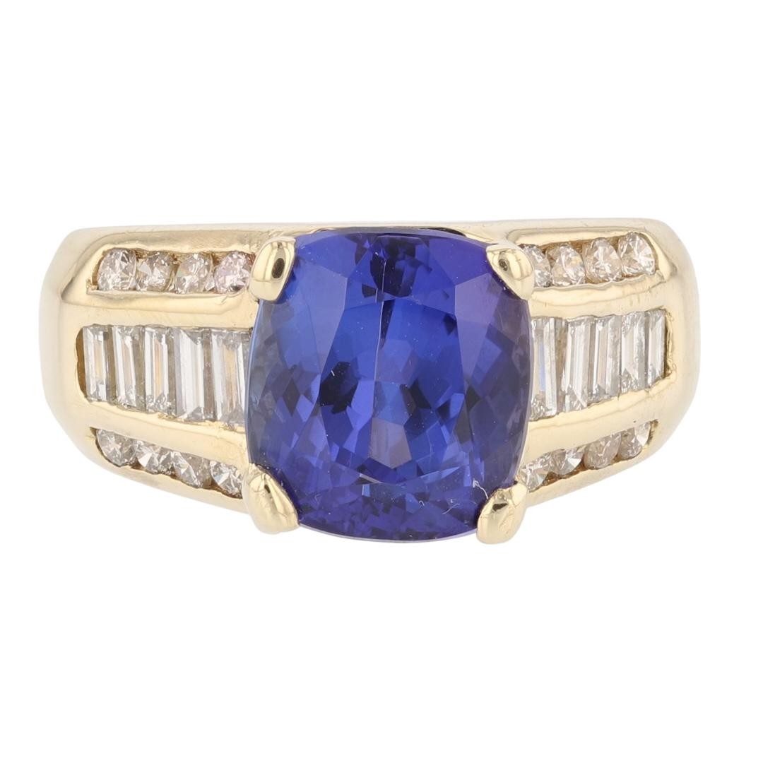 5.07ct Tanzanite Cushion Cut Diamond Cocktail Ring — GIA Certified, 14k Yellow Gold