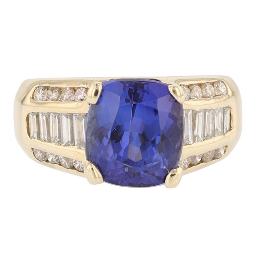 5.07ct Tanzanite Cushion Cut Diamond Cocktail Ring — GIA Certified, 14k Yellow Gold