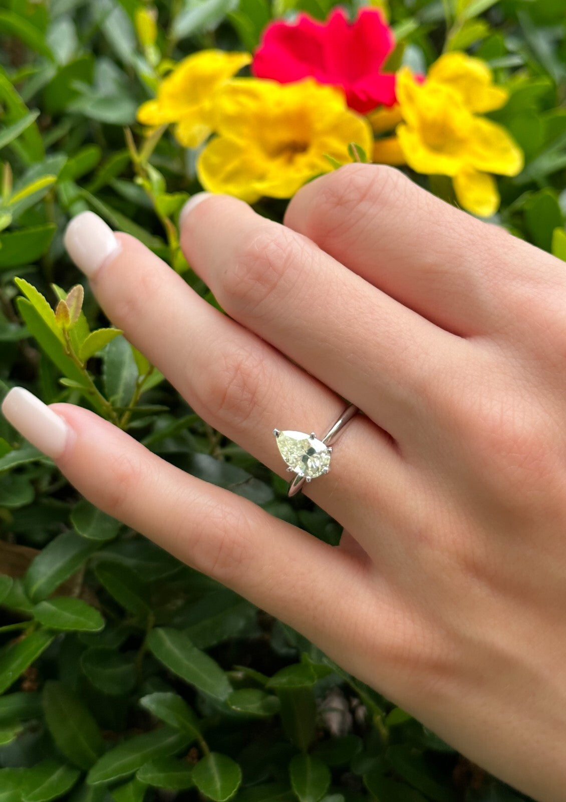 1.57ct Pear Brilliant Light Greenish Yellow Diamond Solitaire Ring — GIA Certified, 14k White Gold