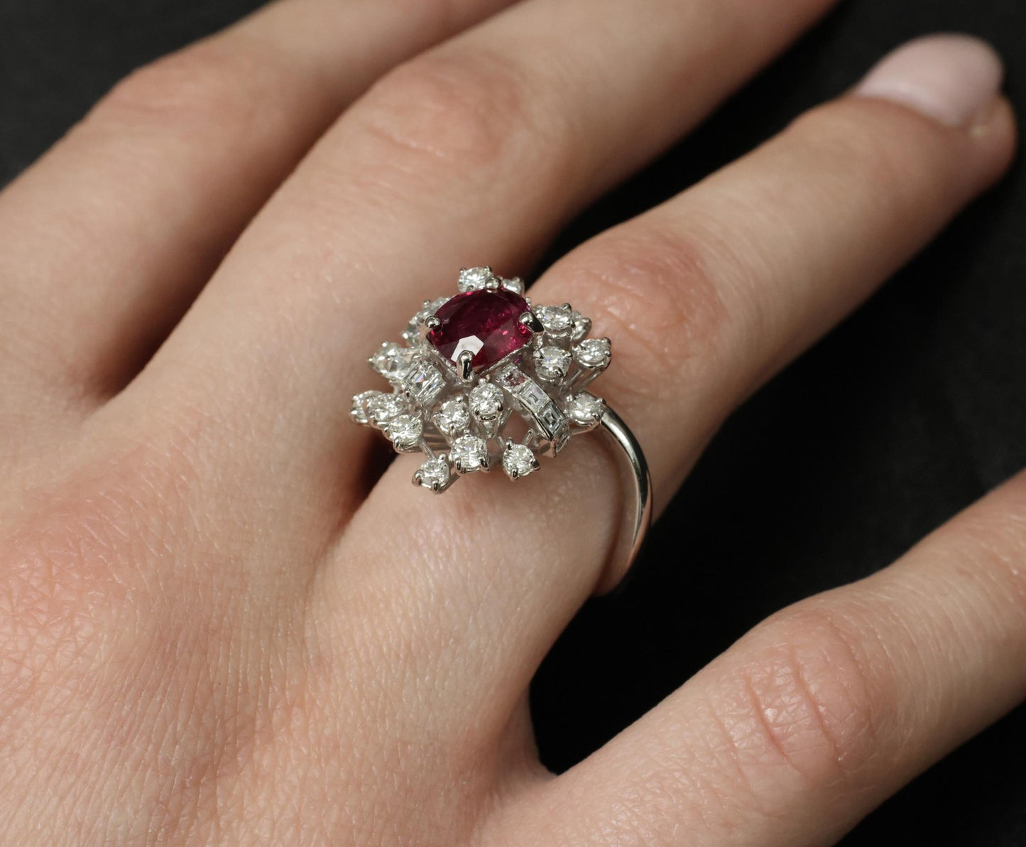 1.67ct Cushion Ruby & 1.50ct Diamond Cocktail Ring — GIA Certified, 18k White Gold