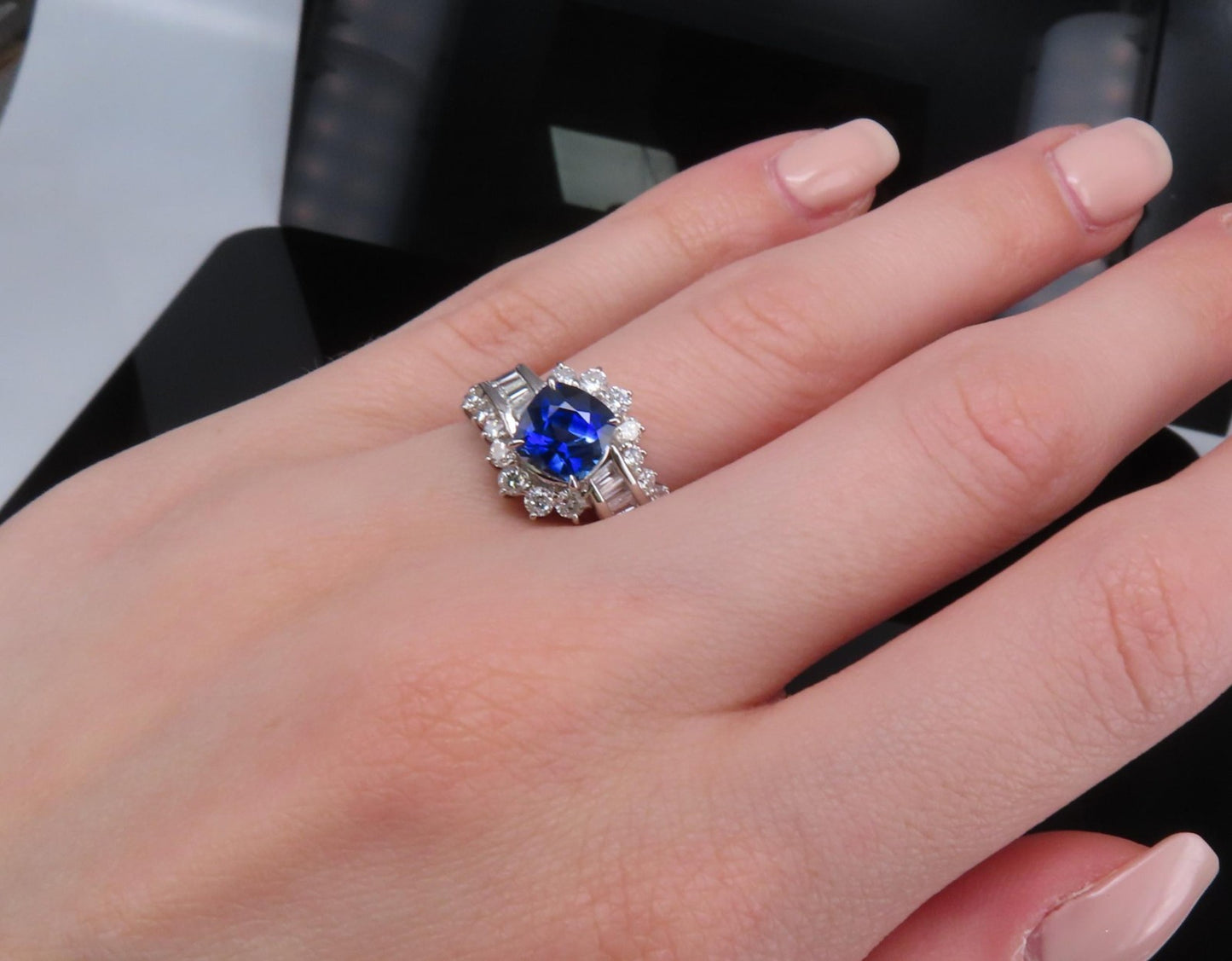 2.25ct Cushion Cut Blue Sapphire & 0.80ct Diamond Ring — GIA Certified, Platinum