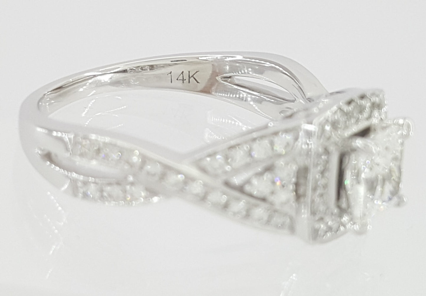 0.70ct Square Modified Brilliant Diamond Crossover Halo Ring — GIA Certified, 14k White Gold