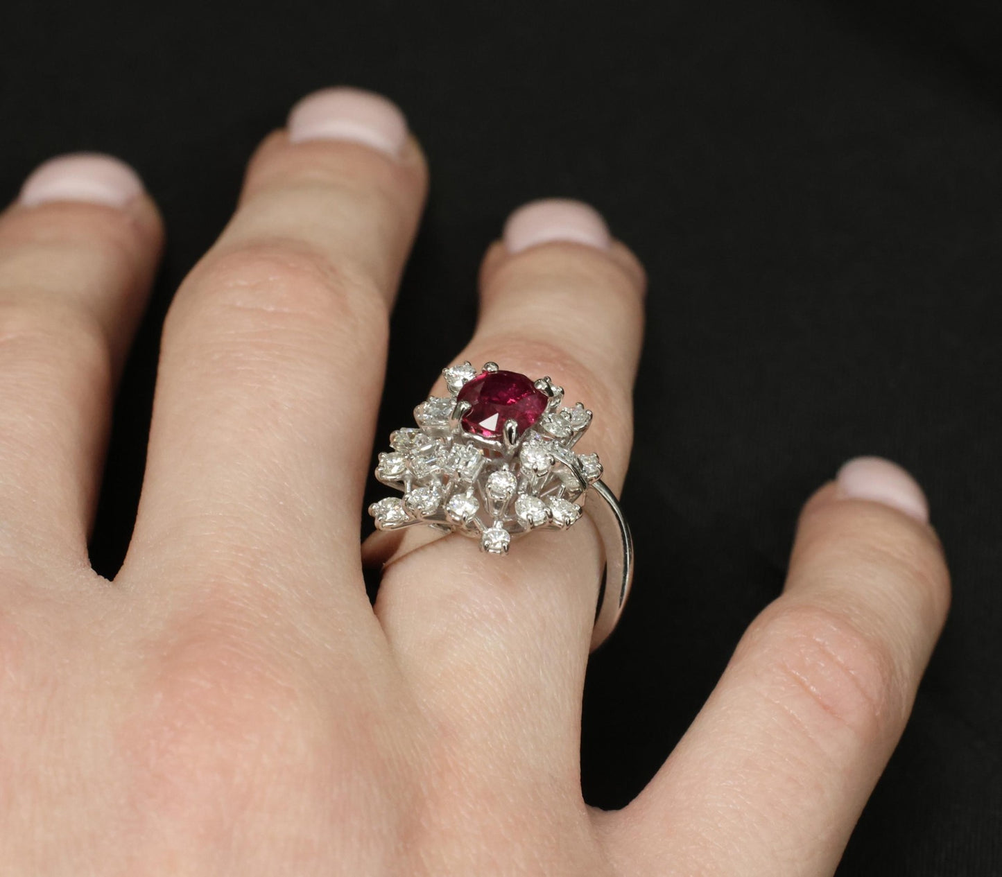 1.67ct Cushion Ruby & 1.50ct Diamond Cocktail Ring — GIA Certified, 18k White Gold