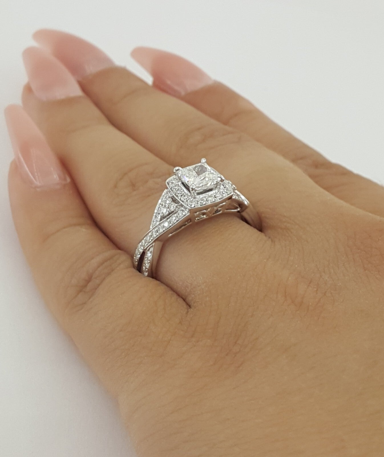 0.70ct Square Modified Brilliant Diamond Crossover Halo Ring — GIA Certified, 14k White Gold