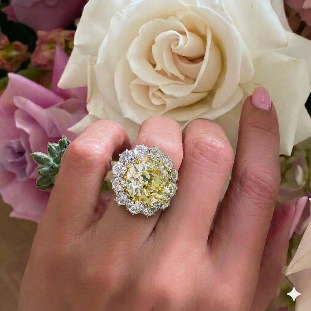 15.01ct Fancy Yellow Old European Brilliant Diamond Ring — GIA Certified, Platinum & 18k Yellow Gold