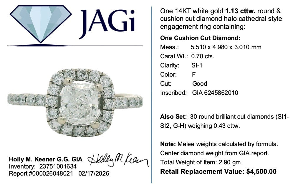 1.13ct Cushion Diamond Halo Engagement Ring — GIA Certified, 14k White Gold