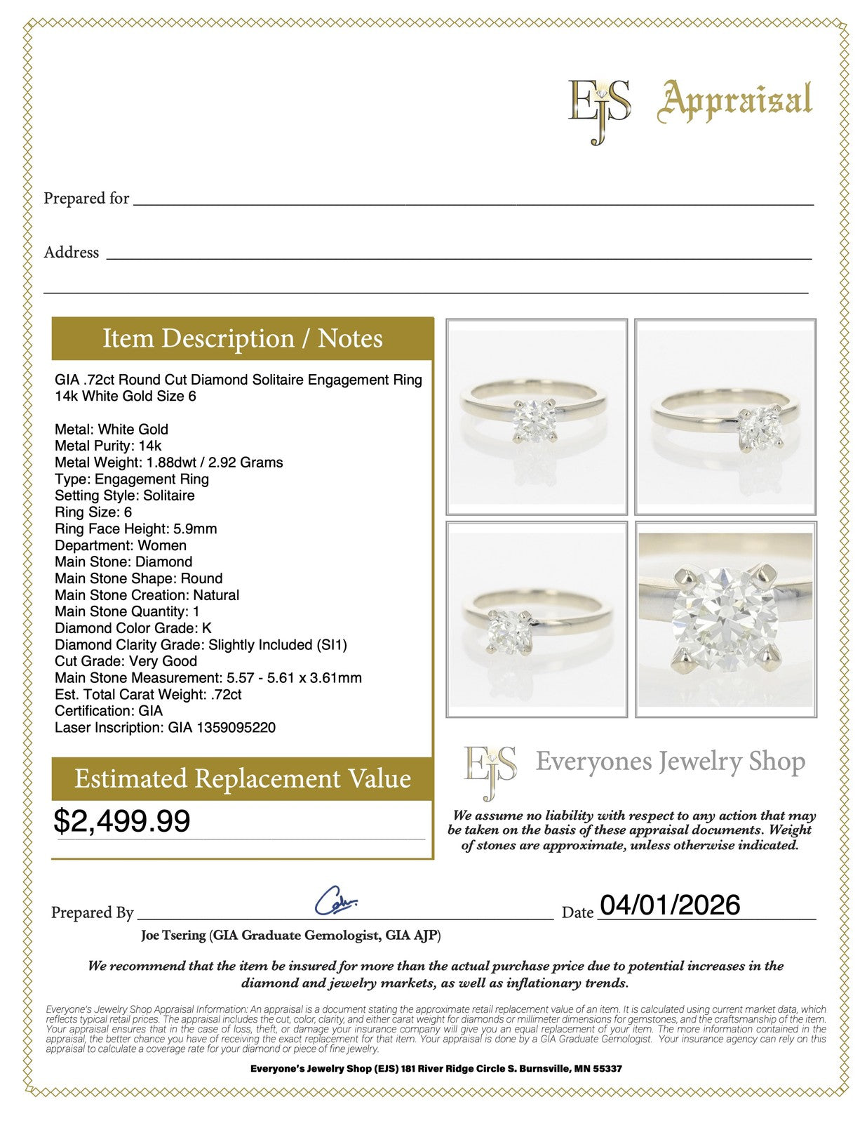 0.72ct Round Brilliant Diamond Engagement Ring — GIA Certified, Platinum