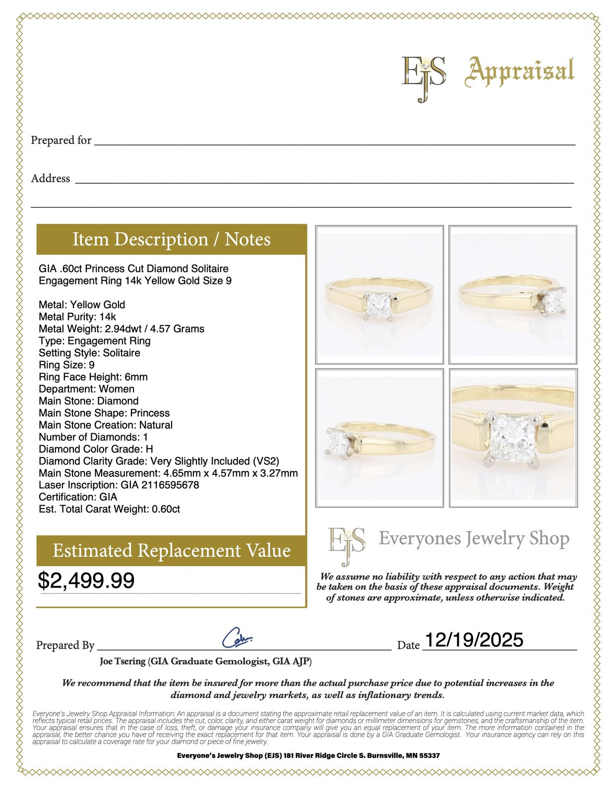 0.60ct Princess Diamond Solitaire Engagement Ring — GIA Certified, 14k Yellow Gold