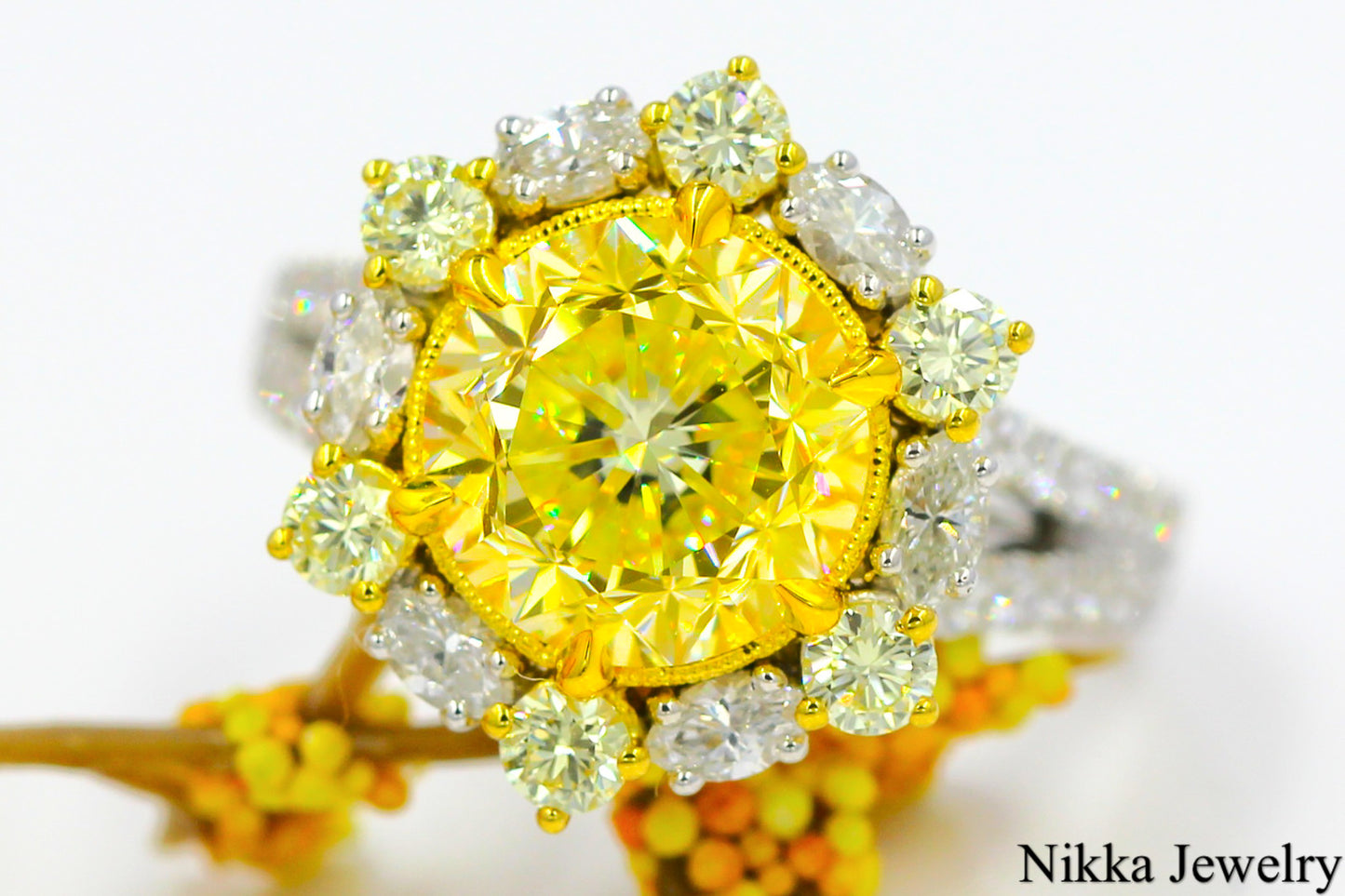 3.82ct Round Brilliant Fancy Yellow Diamond Engagement Ring — GIA Certified, 18k White Gold