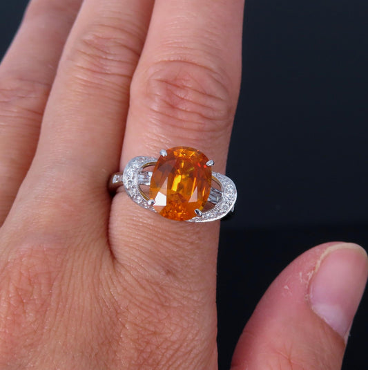4.49ct Cushion Cut Vivid Orange Sapphire & 0.51ct Diamond Ring — GIA Certified, Platinum