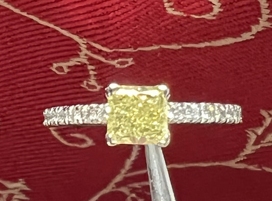 0.85ct Fancy Yellow Diamond Cushion Engagement Ring — GIA Certified, 18k White Gold