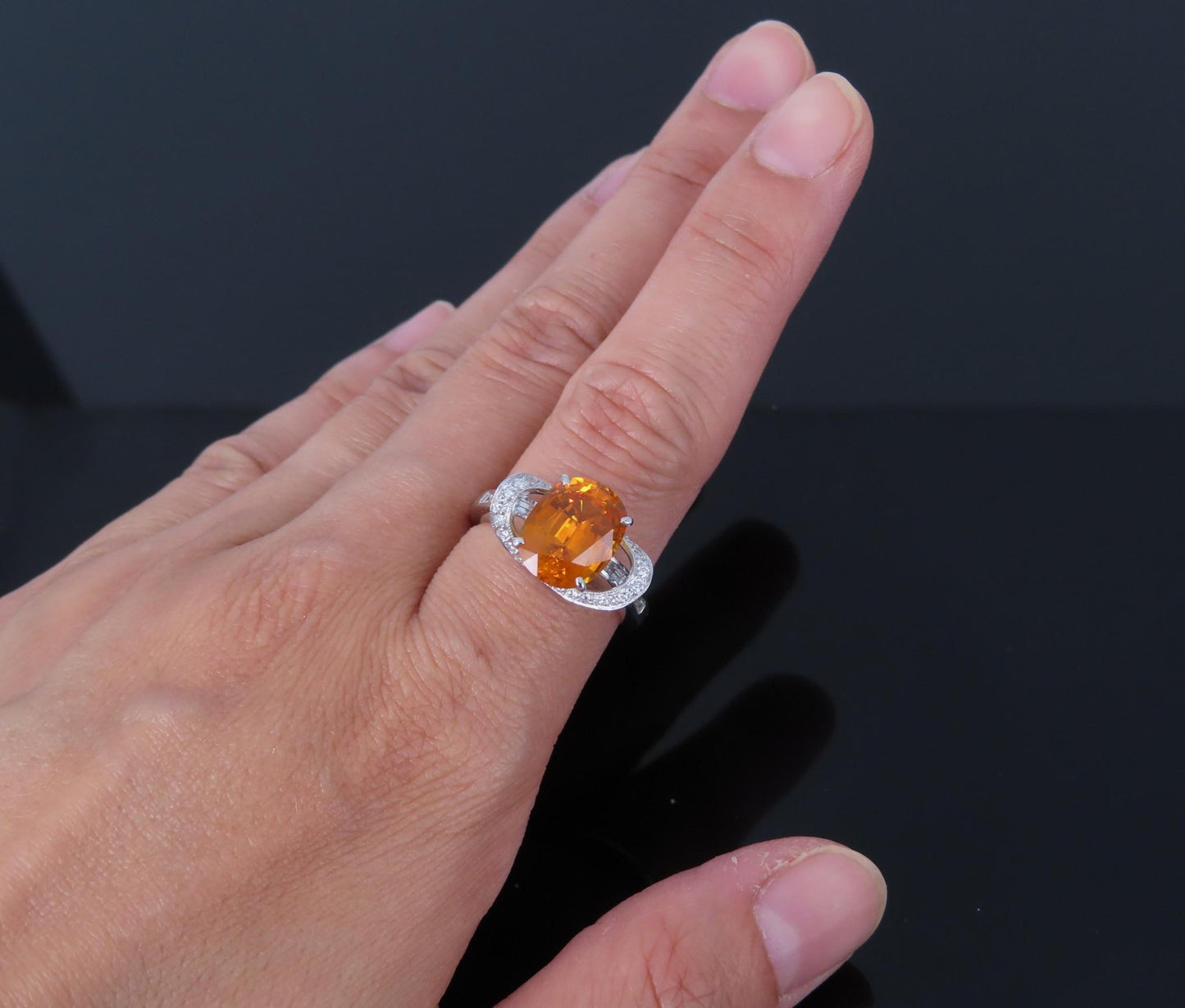 4.49ct Cushion Cut Vivid Orange Sapphire & 0.51ct Diamond Ring — GIA Certified, Platinum