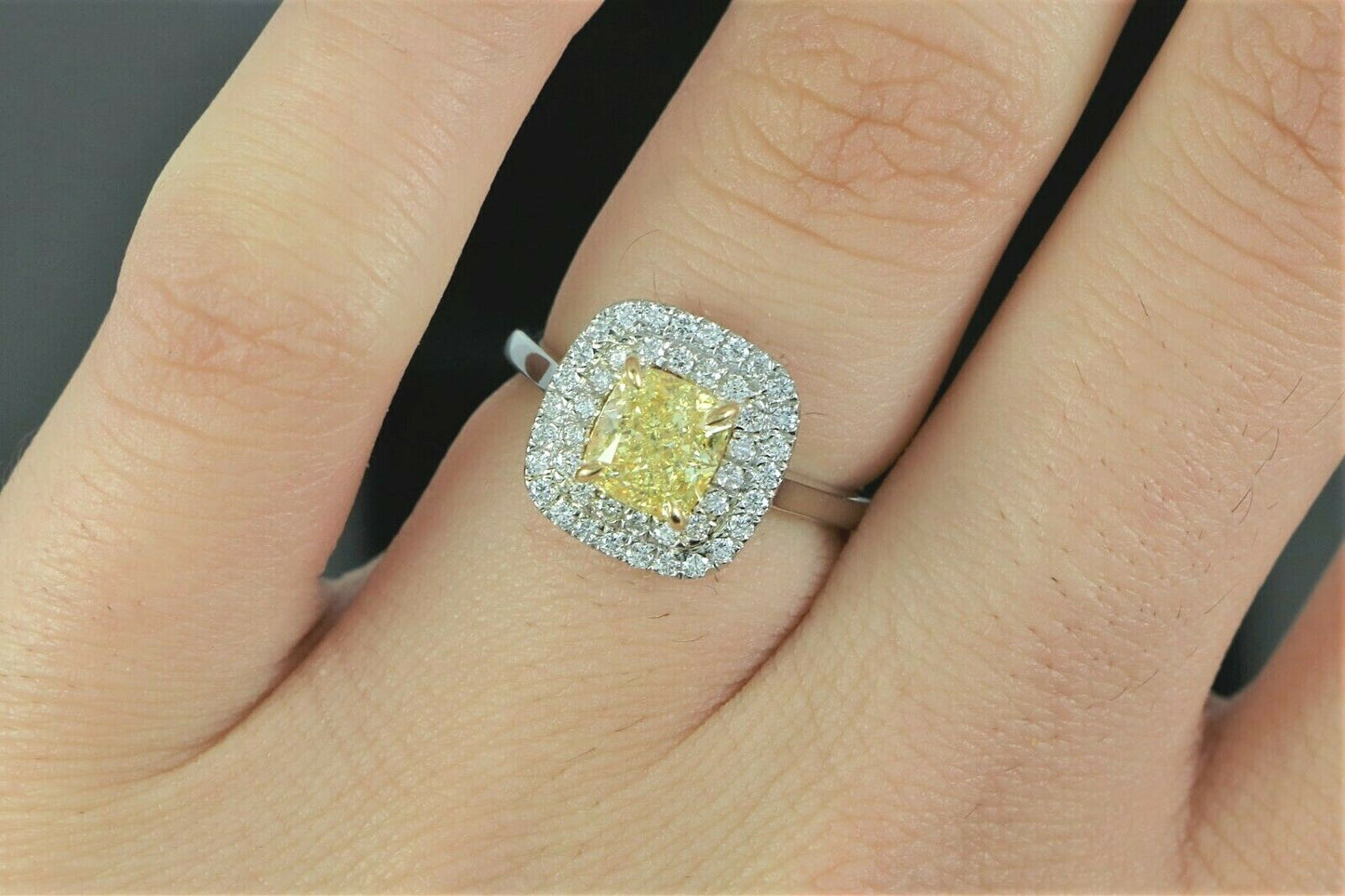 1.23ct Cushion Modified Brilliant Fancy Intense Yellow Diamond Engagement Ring — GIA Certified, Platinum & 18K Gold