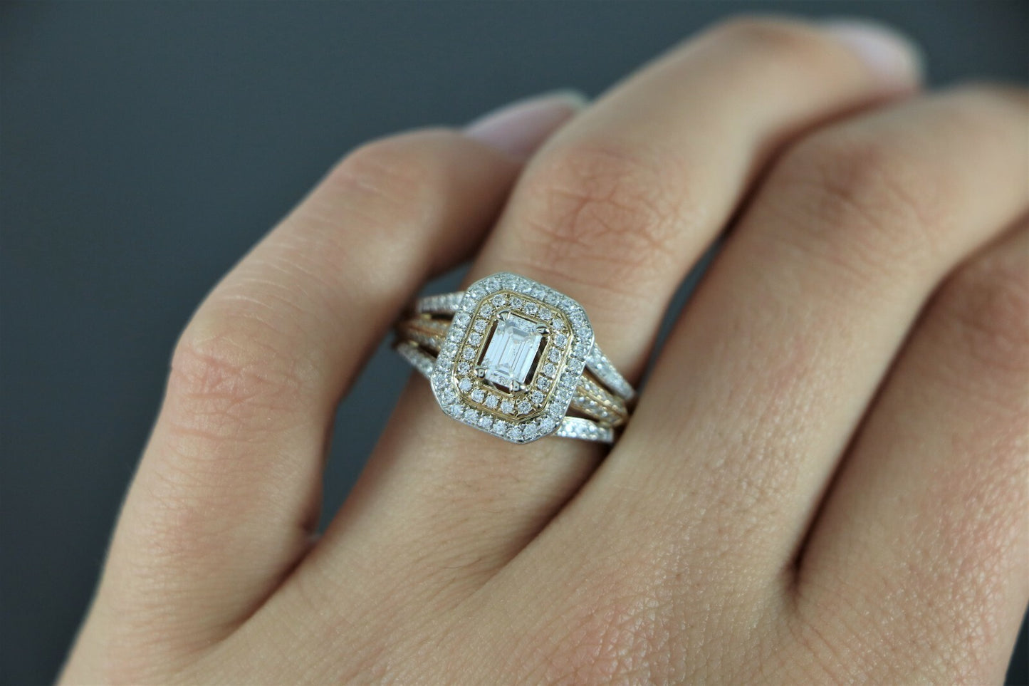 0.50ct Emerald Cut Diamond Double Halo Engagement Ring — GIA Certified, 14k White & Rose Gold