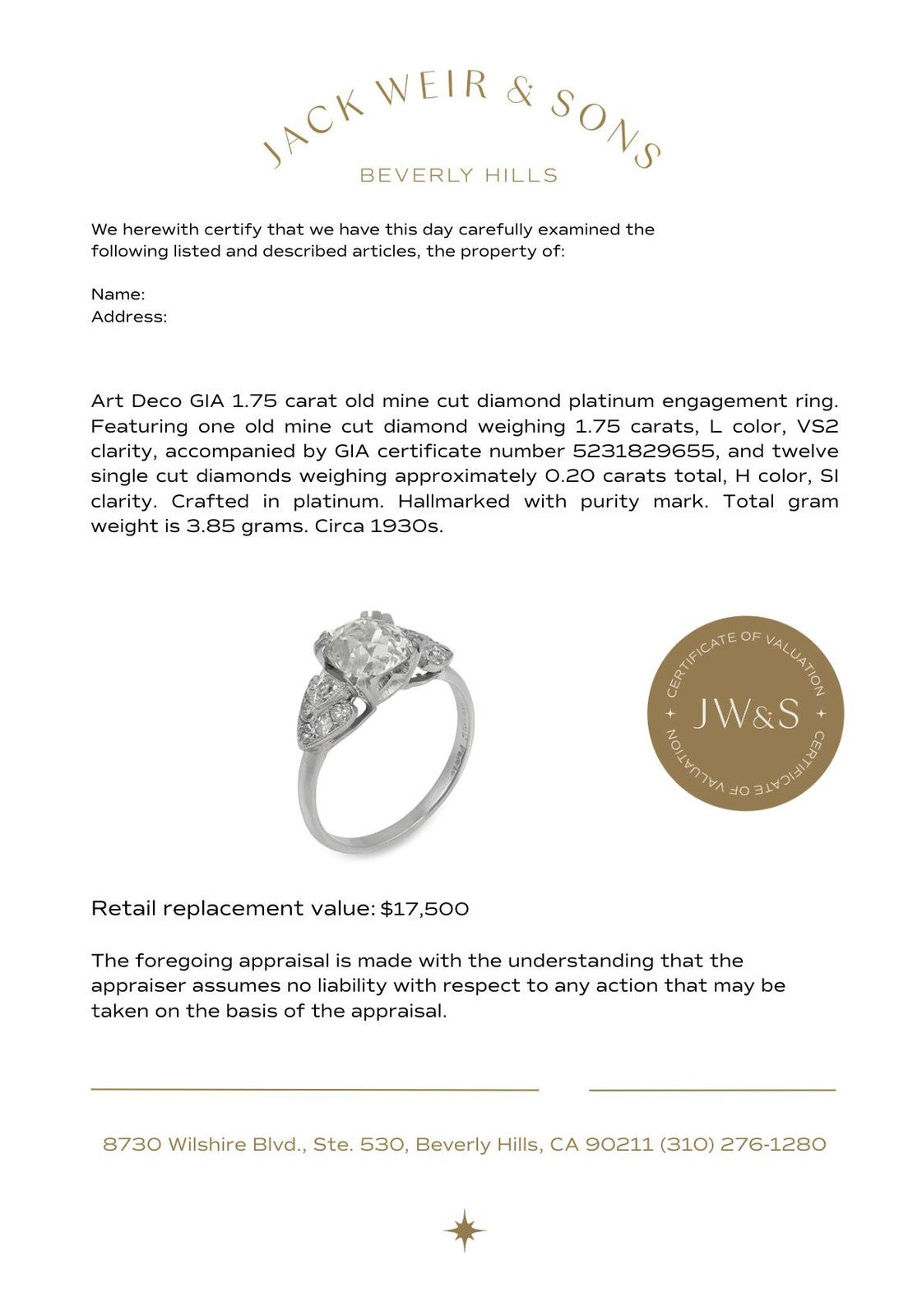 1.75ct Old Mine Cut Diamond Art Deco Ring — GIA Certified, Platinum