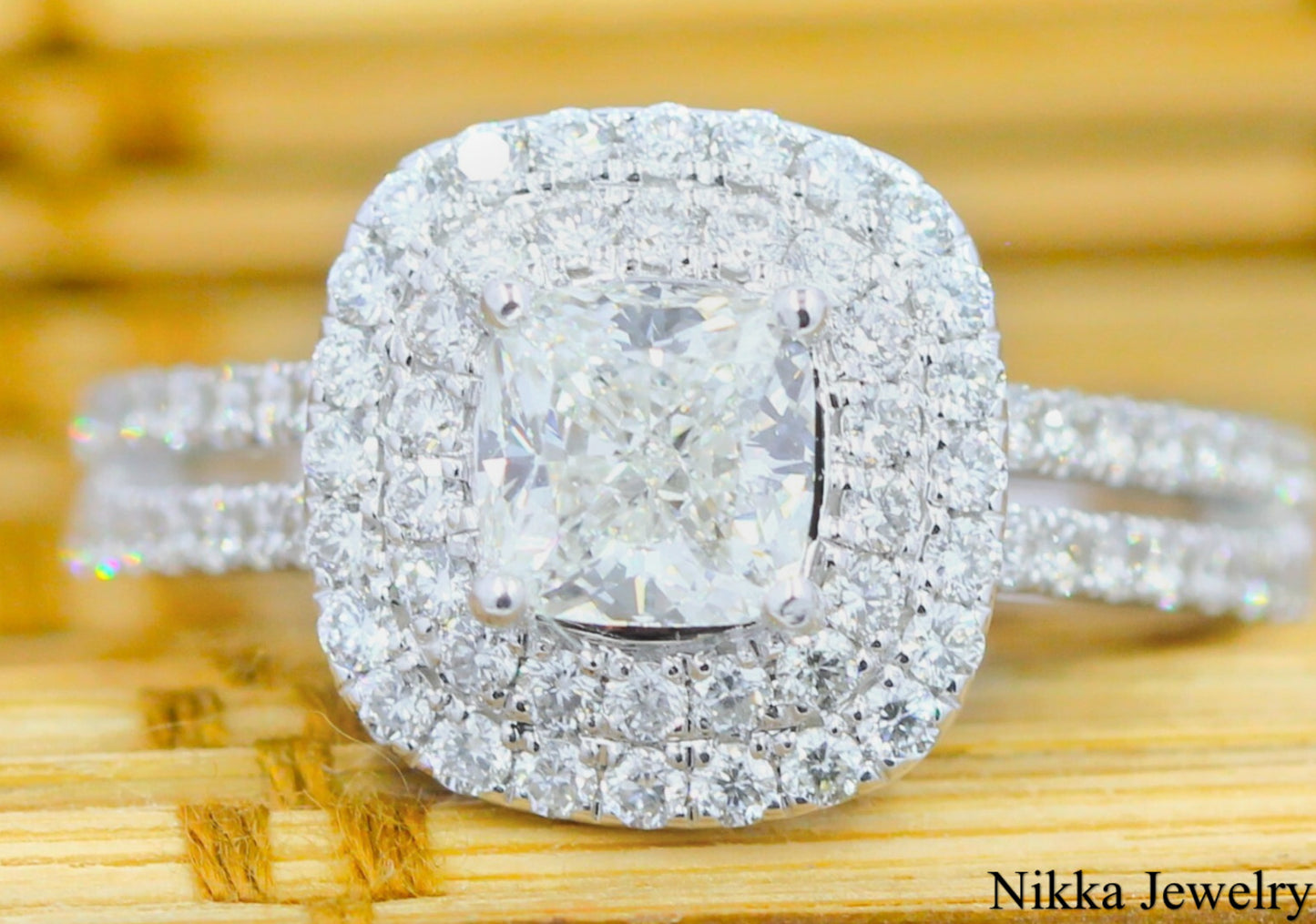 1.00ct Cushion Diamond Halo Engagement Ring — GIA Certified, 18k White Gold