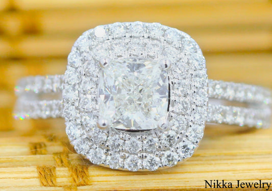 1.00ct Cushion Diamond Halo Engagement Ring — GIA Certified, 18k White Gold