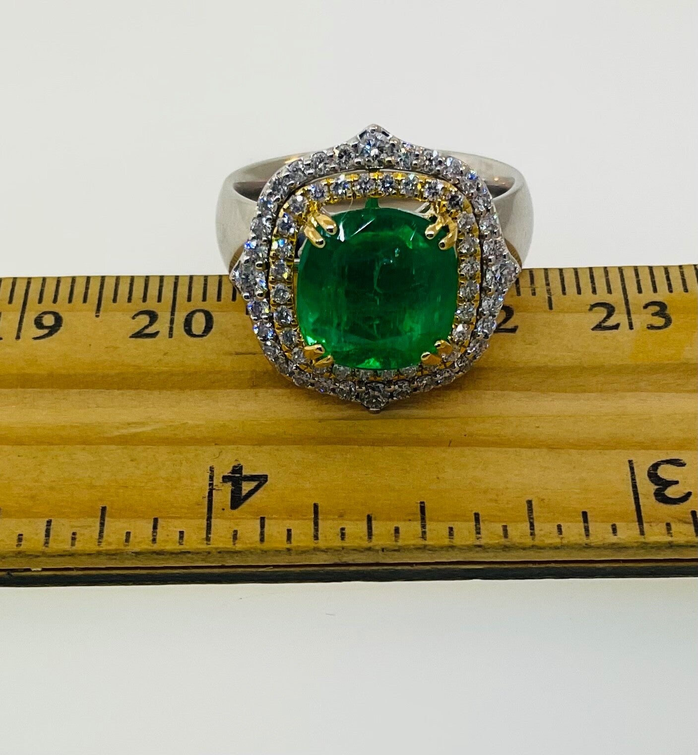 3.82ct Cushion Colombian Emerald & Diamond Ring — GIA Certified, 14k Two Tone Gold
