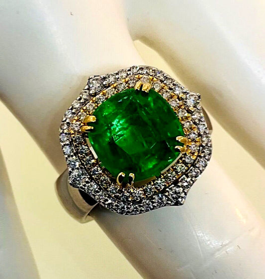 3.82ct Cushion Colombian Emerald & Diamond Ring — GIA Certified, 14k Two Tone Gold