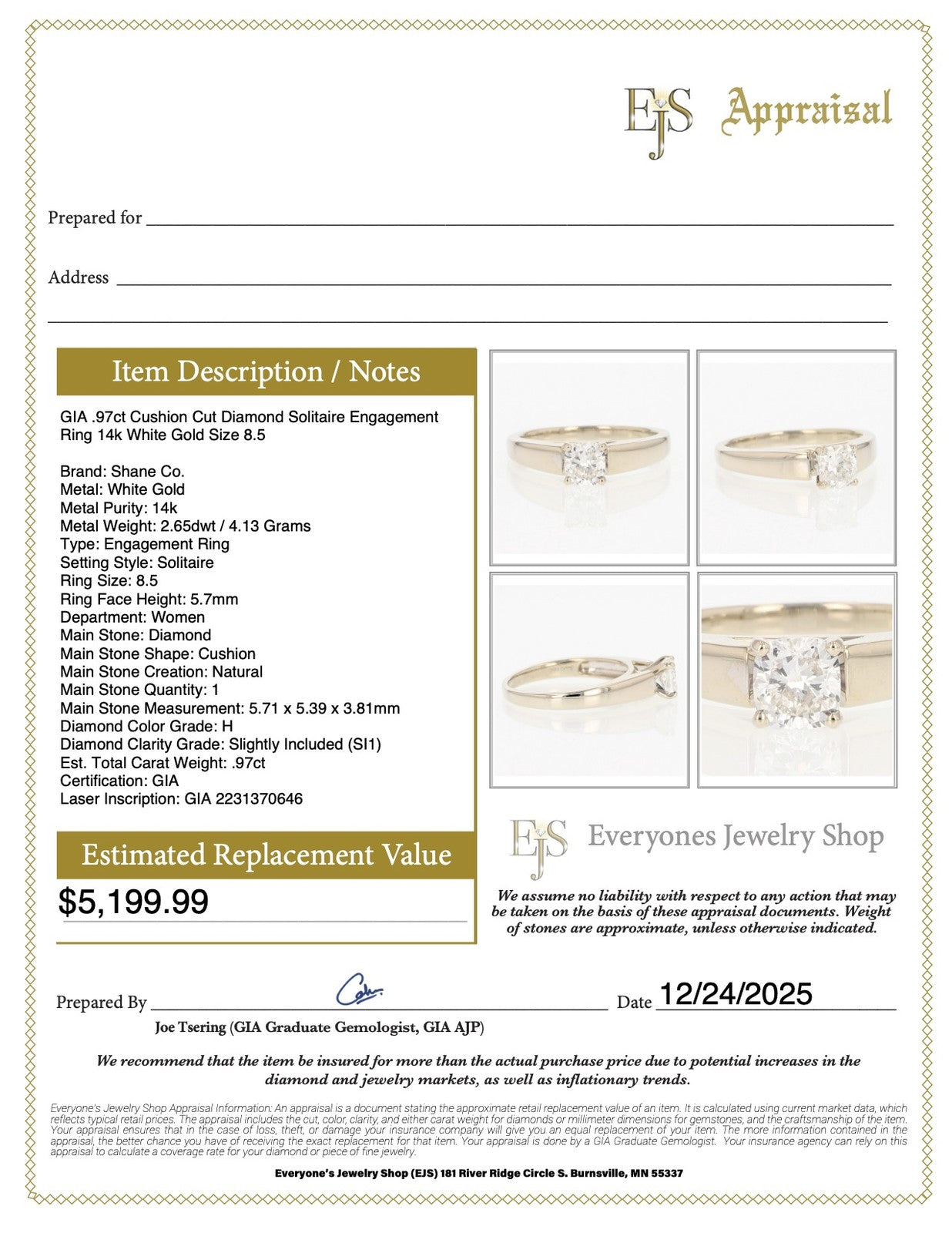 0.97ct Cushion Cut Diamond Solitaire Ring — GIA Certified, 14k White Gold