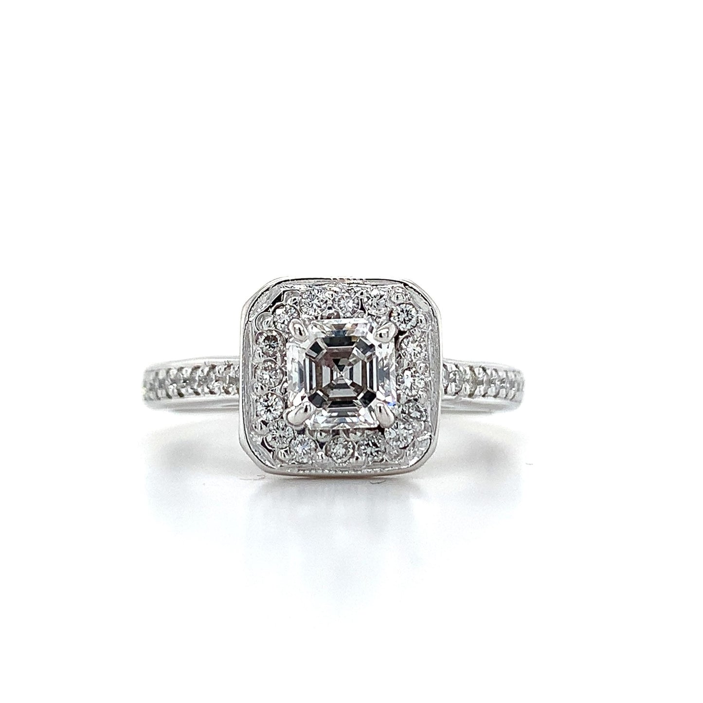 0.83ct Asscher Diamond Square Halo Statement Ring — GIA Certified, 14k White Gold
