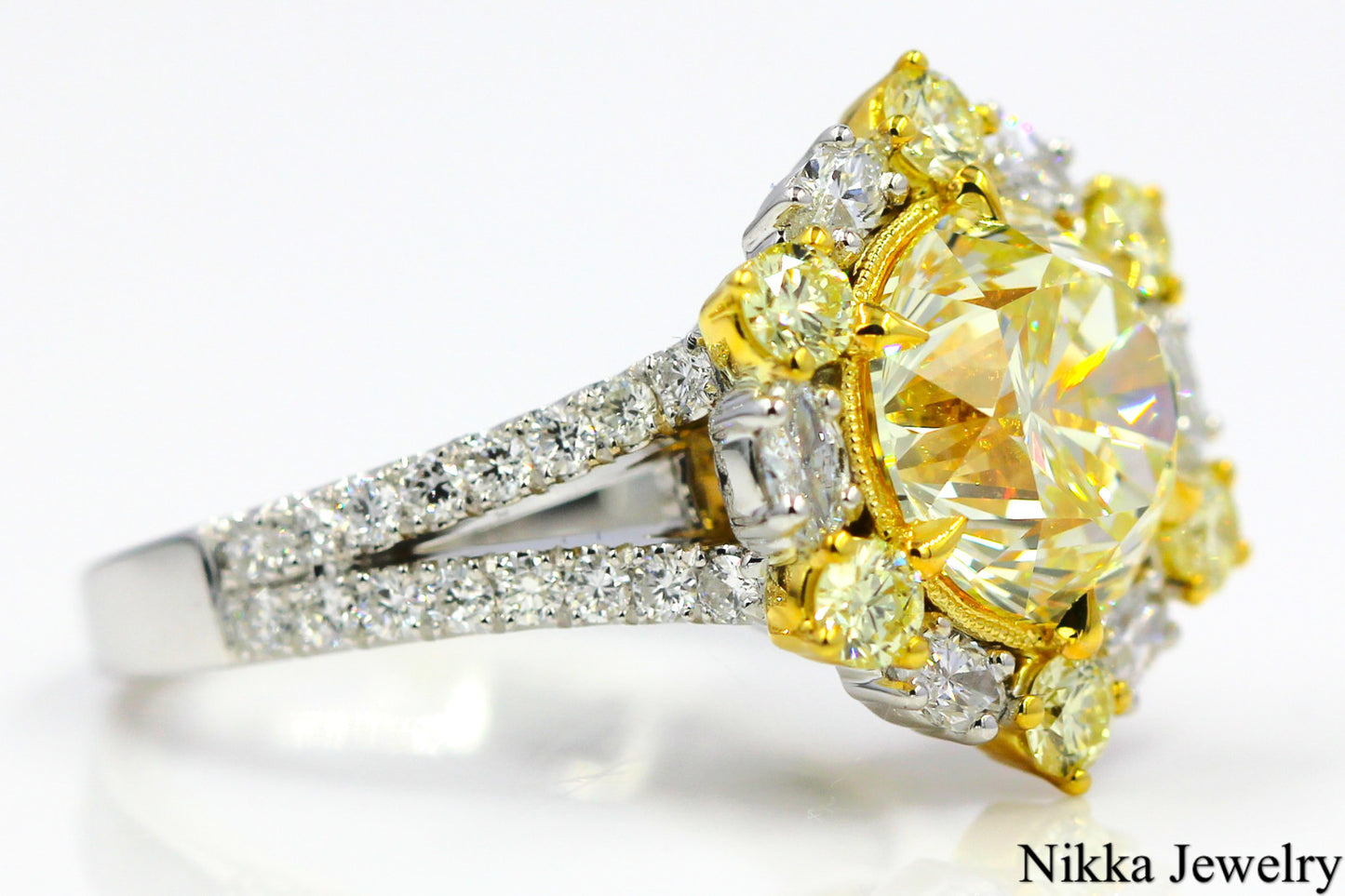 3.82ct Round Brilliant Fancy Yellow Diamond Engagement Ring — GIA Certified, 18k White Gold