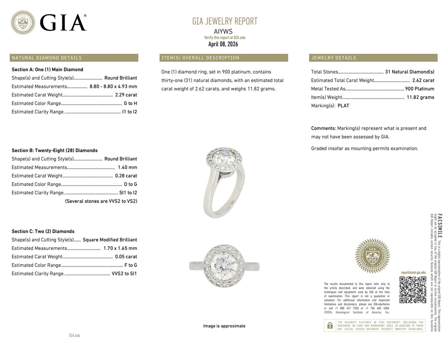 2.62ct Round Brilliant Diamond Halo Engagement Ring — GIA Certified, Platinum