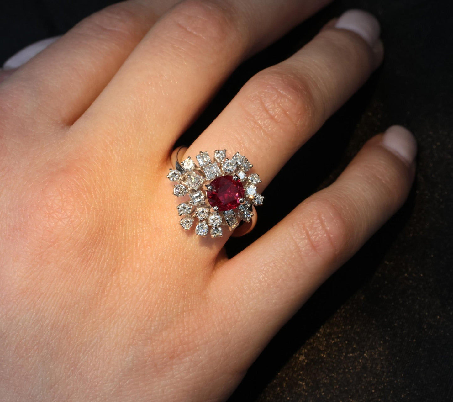 1.67ct Cushion Ruby & 1.50ct Diamond Cocktail Ring — GIA Certified, 18k White Gold