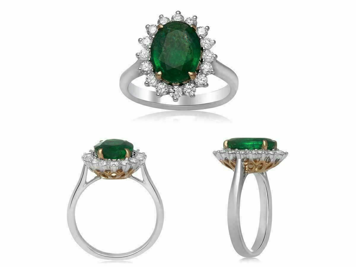 3.49ct Oval Diamond & Emerald Halo Ring — GIA Certified, 18k Two-Tone Gold