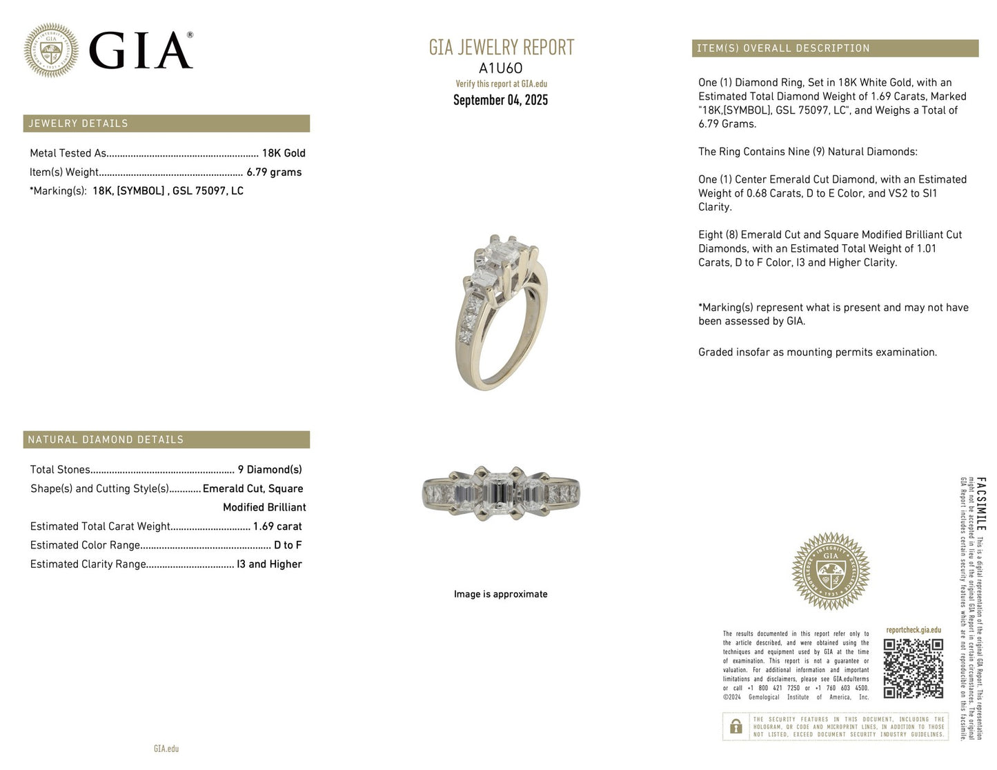 1.69ct Emerald Cut Diamond Three-Stone Ring — GIA Certified, 18k White Gold