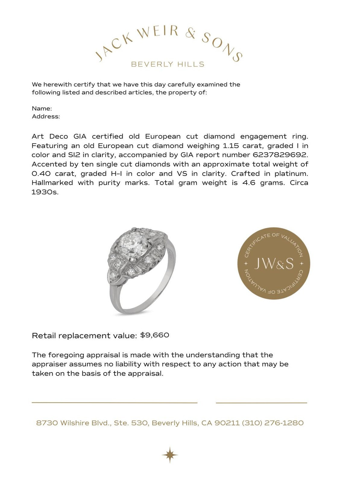 1.15ct Old European Cut Diamond Art Deco Ring — GIA Certified, Platinum