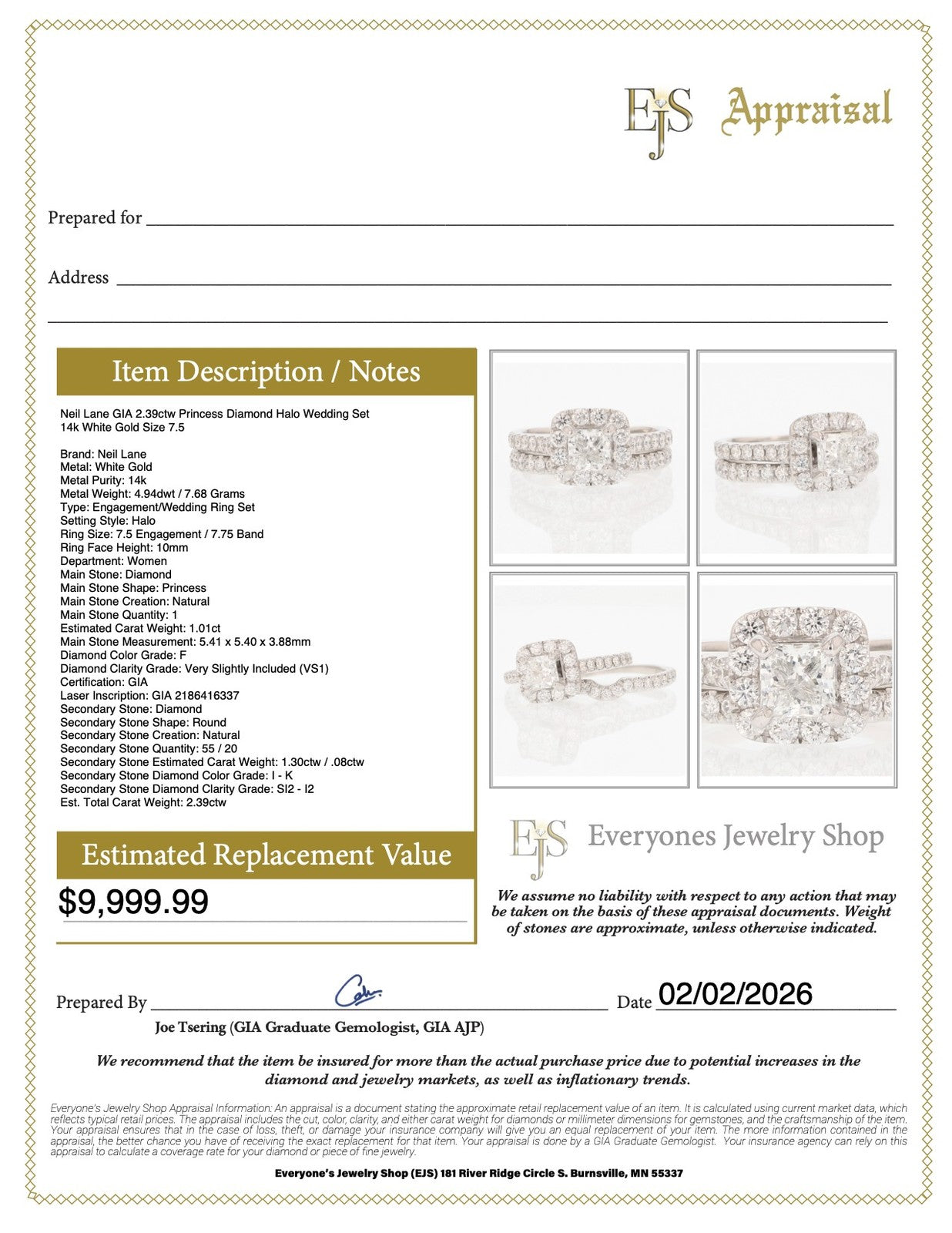 2.39ct Princess Diamond Halo Wedding Set — GIA Certified, 14k White Gold