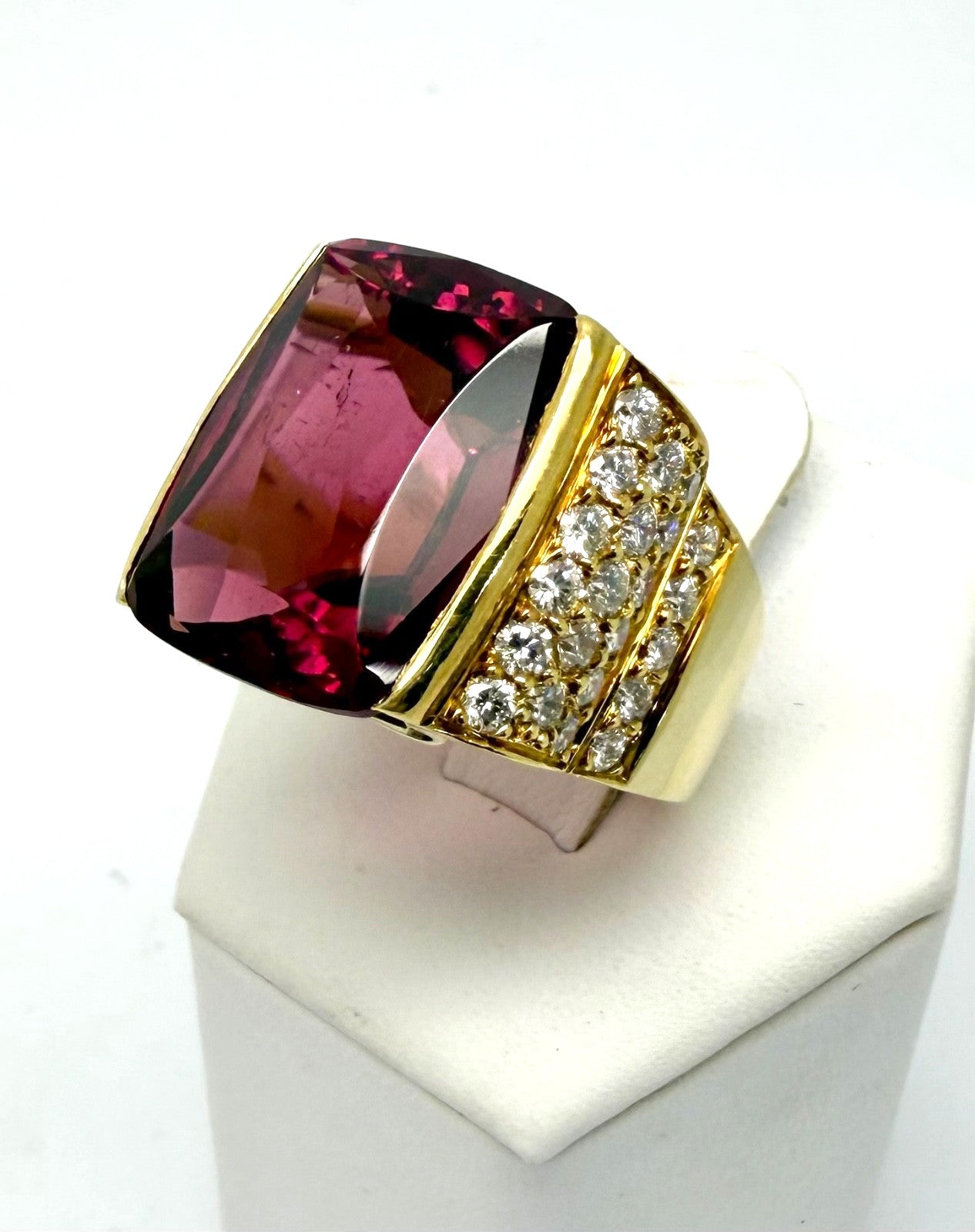 20ct Cushion Rubelite Tourmaline & Diamond Ring — GIA Certified, 18k Yellow Gold