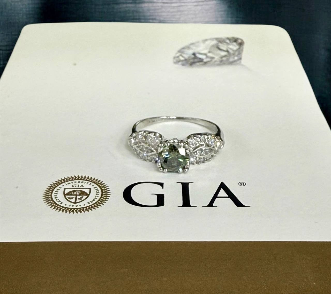 0.82ct Round Brilliant Fancy Dark Gray-Yellowish Green Diamond Art Deco Ring — GIA Certified, Platinum