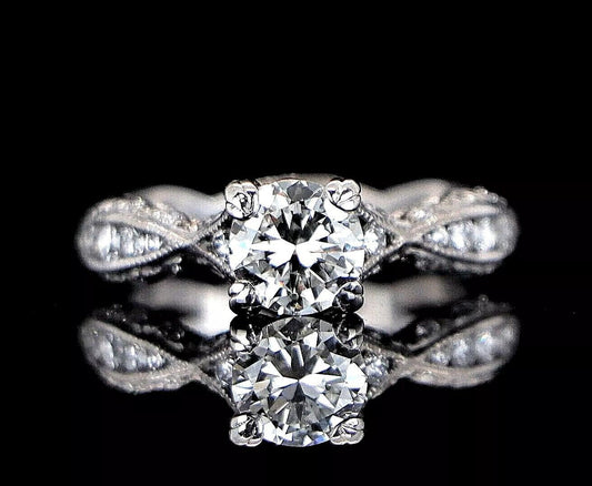 0.86ct Round Brilliant Diamond Crescent Engagement Ring — GIA Certified, 18k White Gold