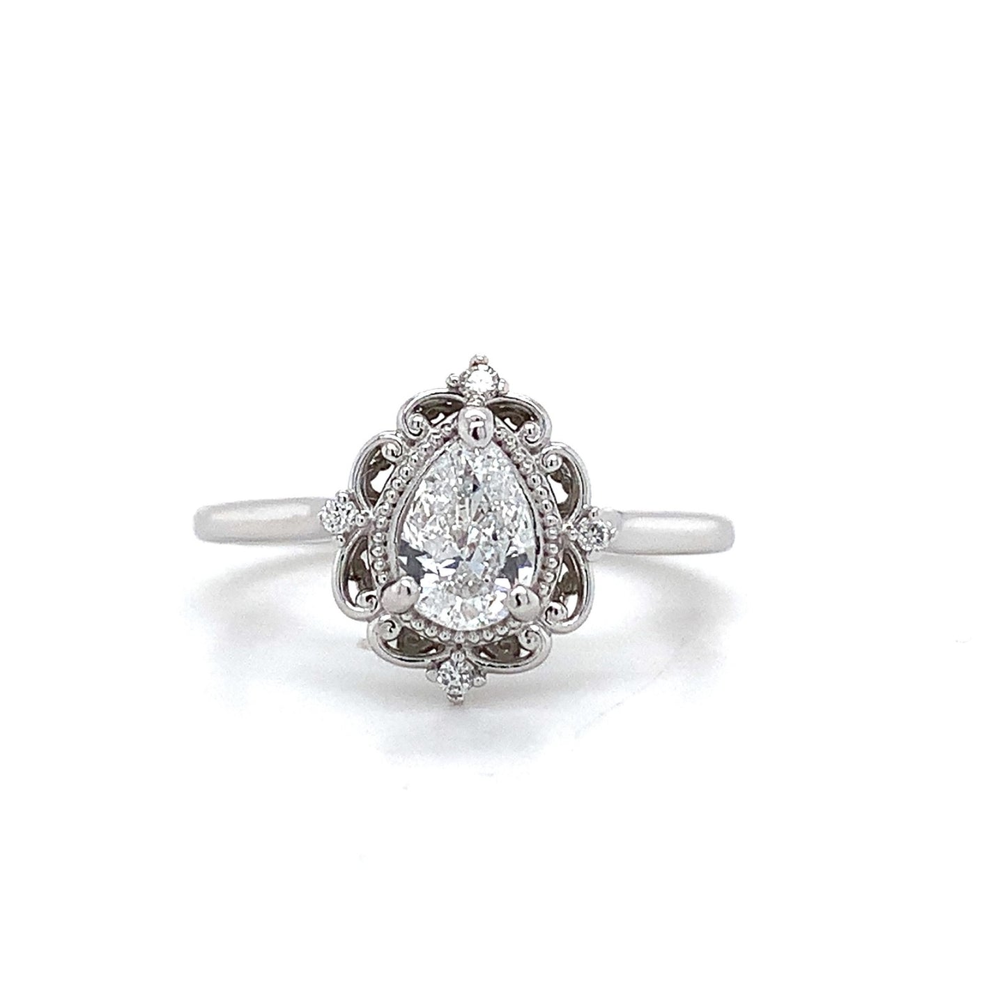 0.40ct Pear Brilliant Diamond Filigree Ring — GIA Certified, 14k White Gold