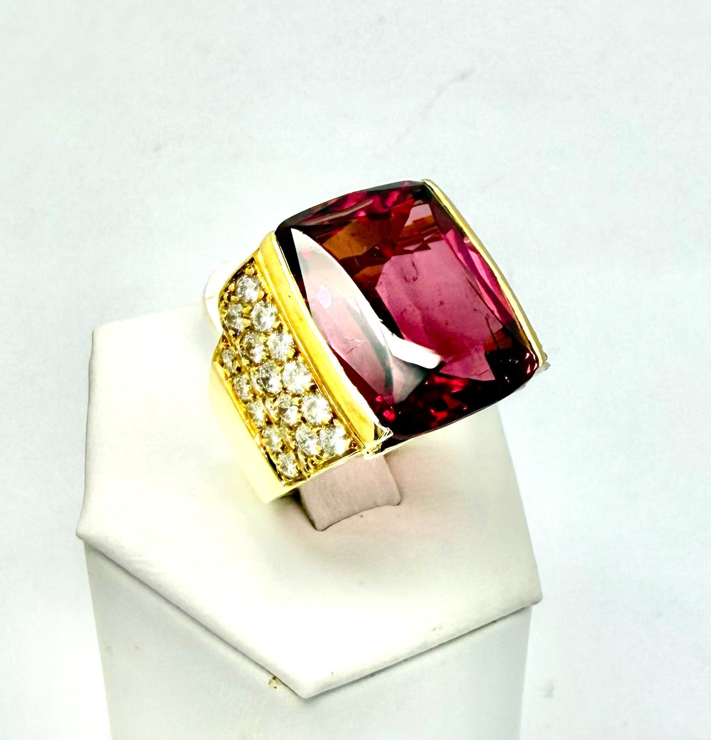 20ct Cushion Rubelite Tourmaline & Diamond Ring — GIA Certified, 18k Yellow Gold