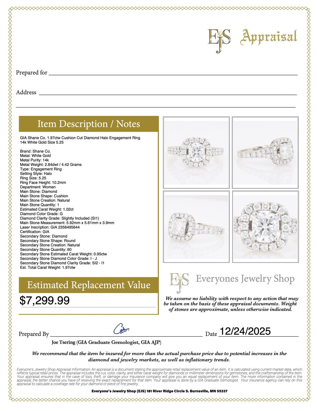 1.97ct Cushion Diamond Halo Engagement Ring — GIA Certified, 14k White Gold