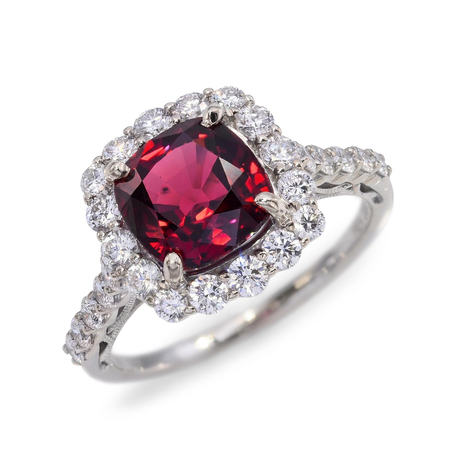 2.66ct Cushion Red Spinel Diamond Ring — GIA Certified, 18k White Gold