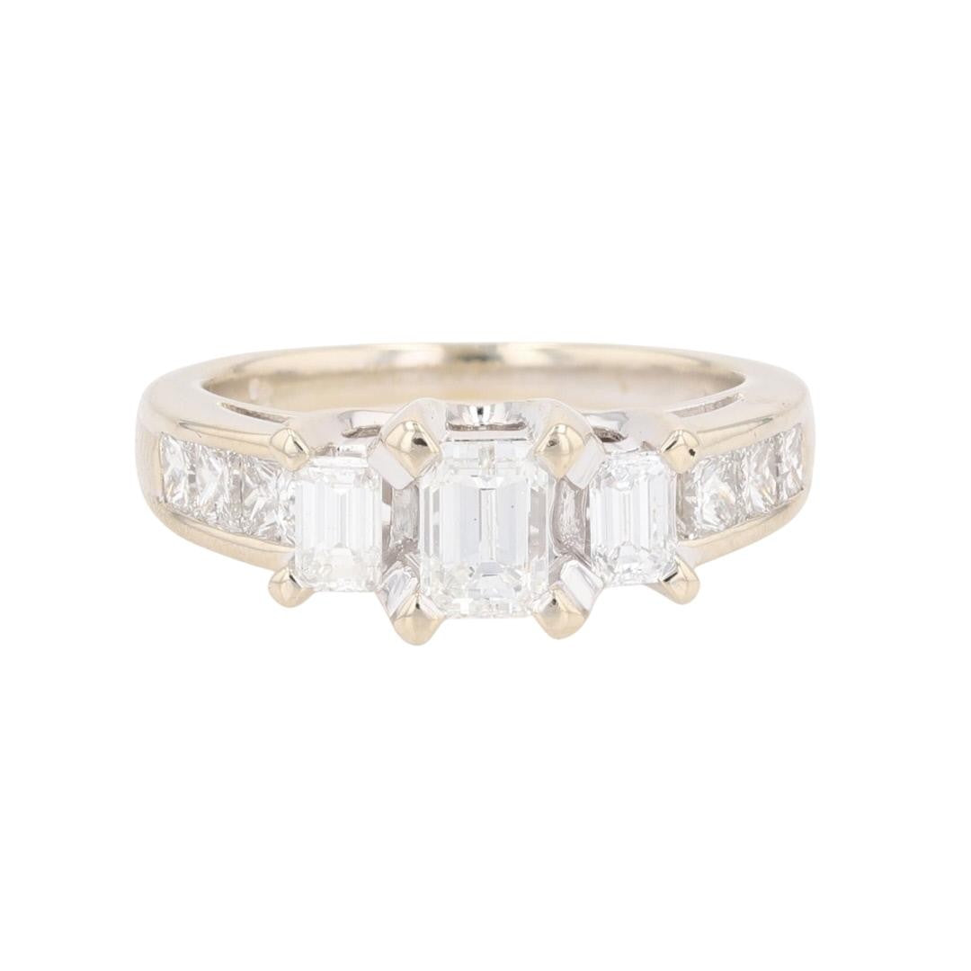 1.69ct Emerald Cut Diamond Three-Stone Ring — GIA Certified, 18k White Gold