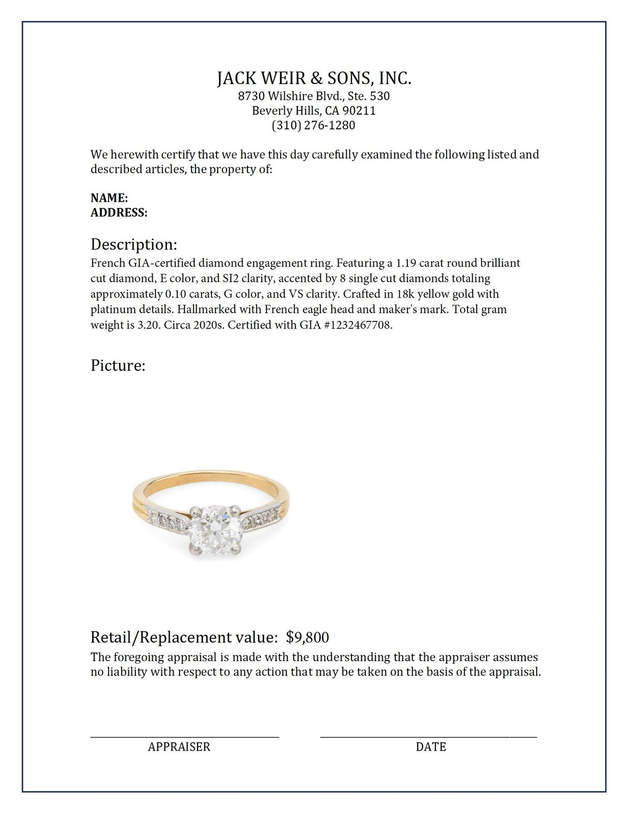 1.19ct Round Brilliant Diamond Engagement Ring — GIA Certified, 18k Yellow Gold