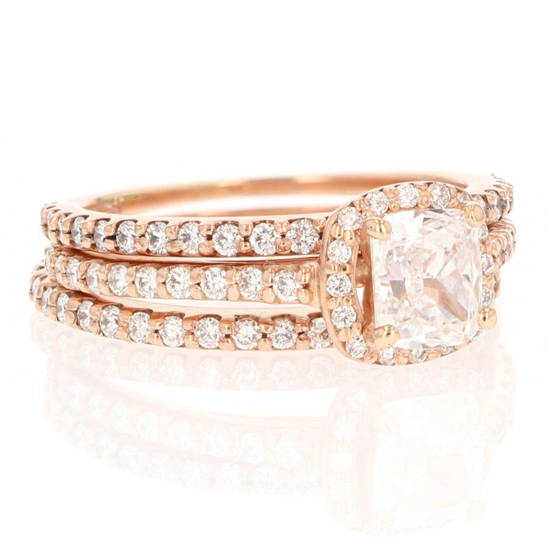 1.41ct Cushion Diamond Halo Pavé Wedding Set — GIA Certified, 14k Rose Gold