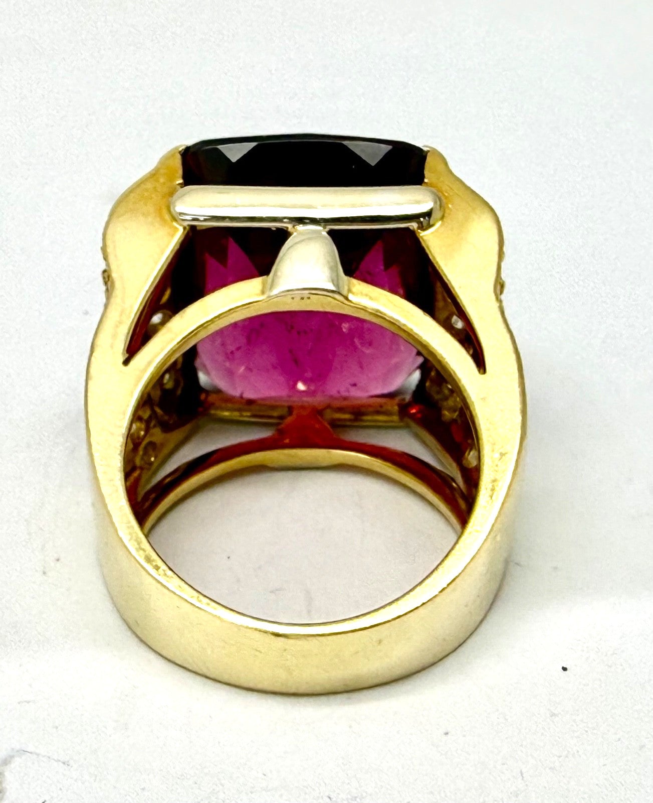 20ct Cushion Rubelite Tourmaline & Diamond Ring — GIA Certified, 18k Yellow Gold