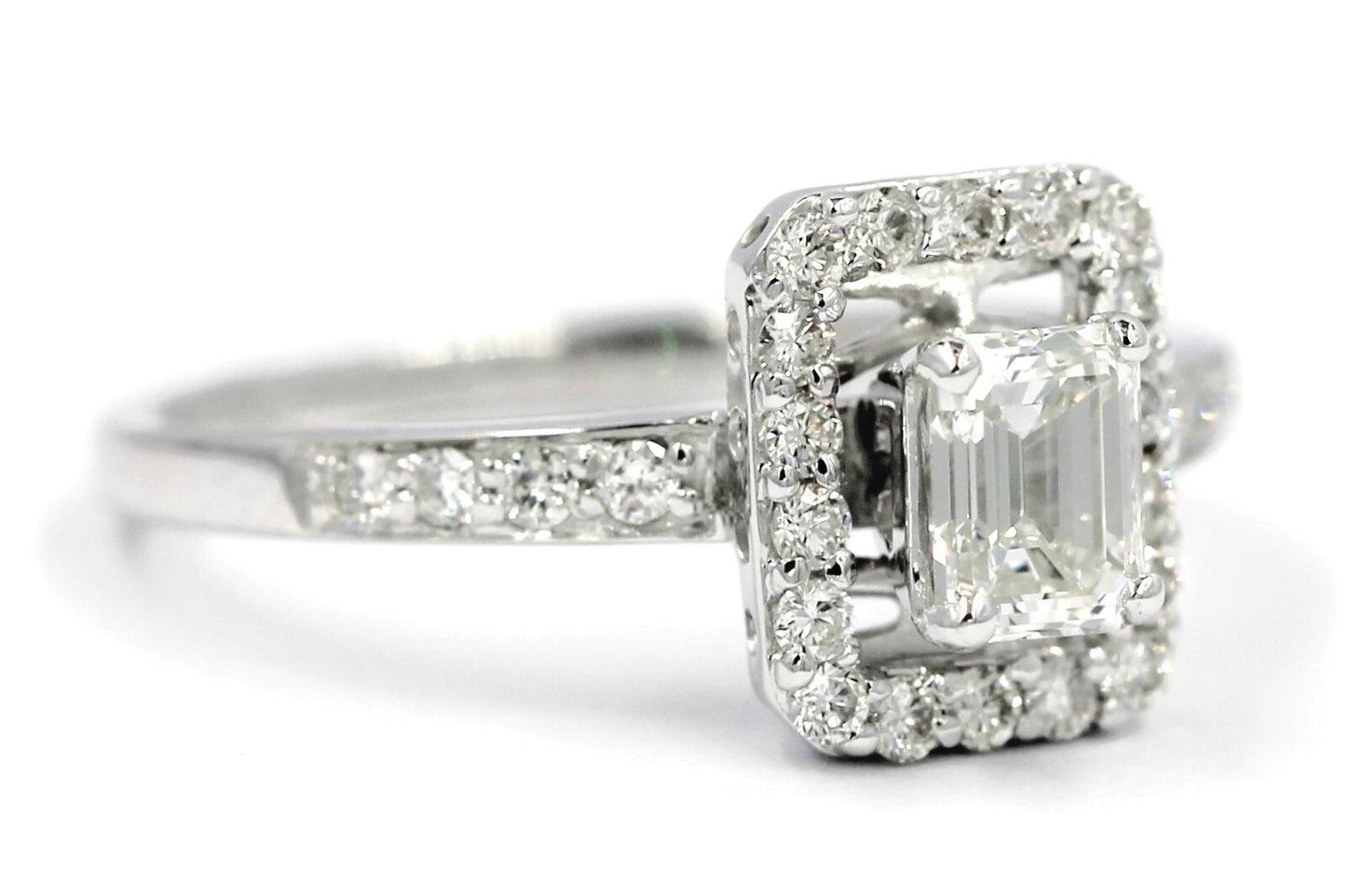 0.53ct Emerald Cut Diamond Halo Engagement Ring — GIA Certified, 14k White Gold
