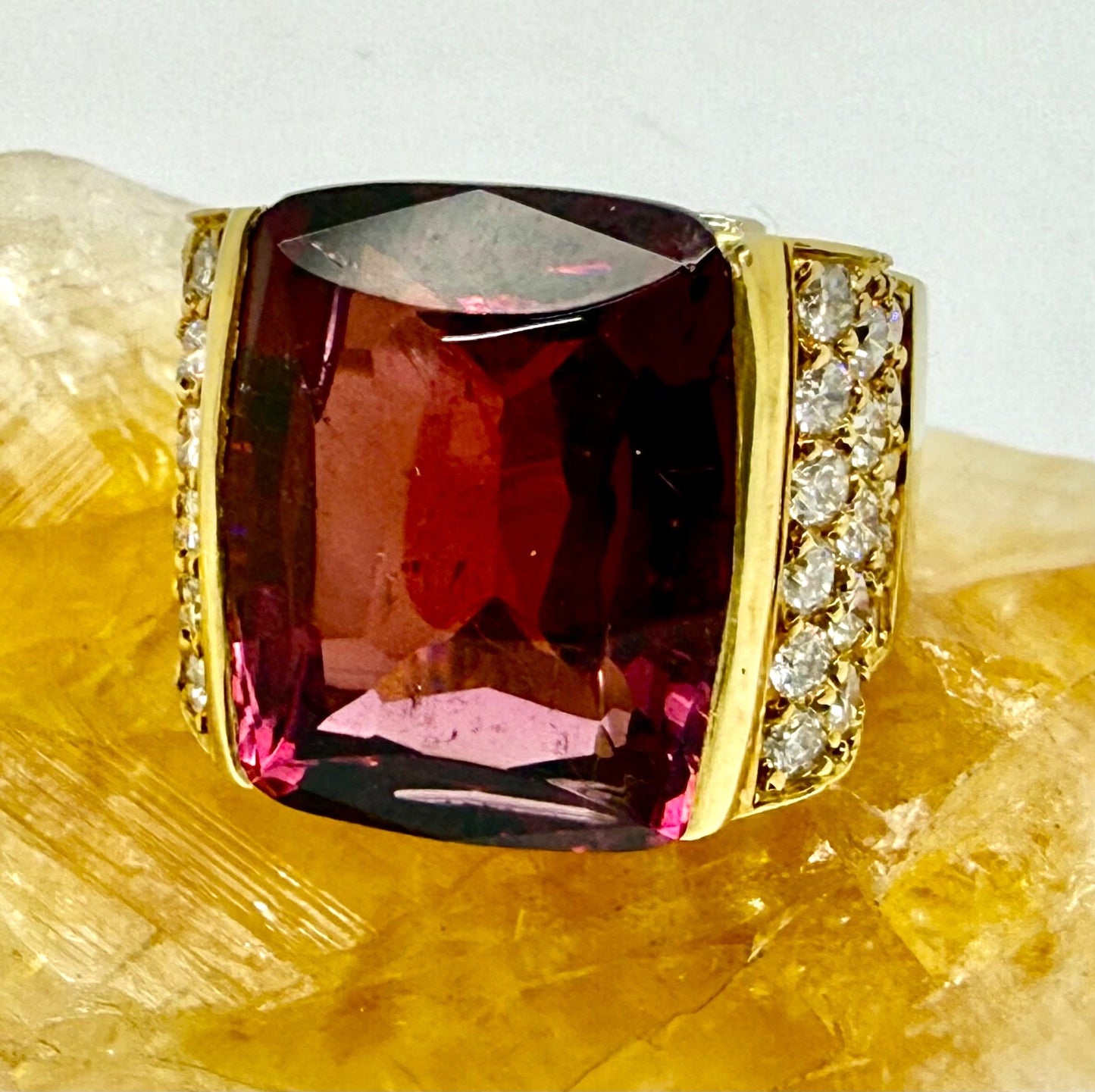 20ct Cushion Rubelite Tourmaline & Diamond Ring — GIA Certified, 18k Yellow Gold