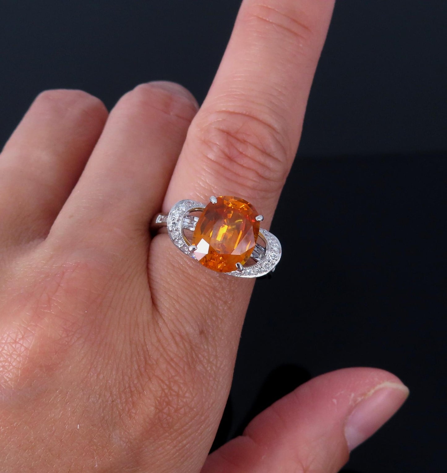 4.49ct Cushion Cut Vivid Orange Sapphire & 0.51ct Diamond Ring — GIA Certified, Platinum