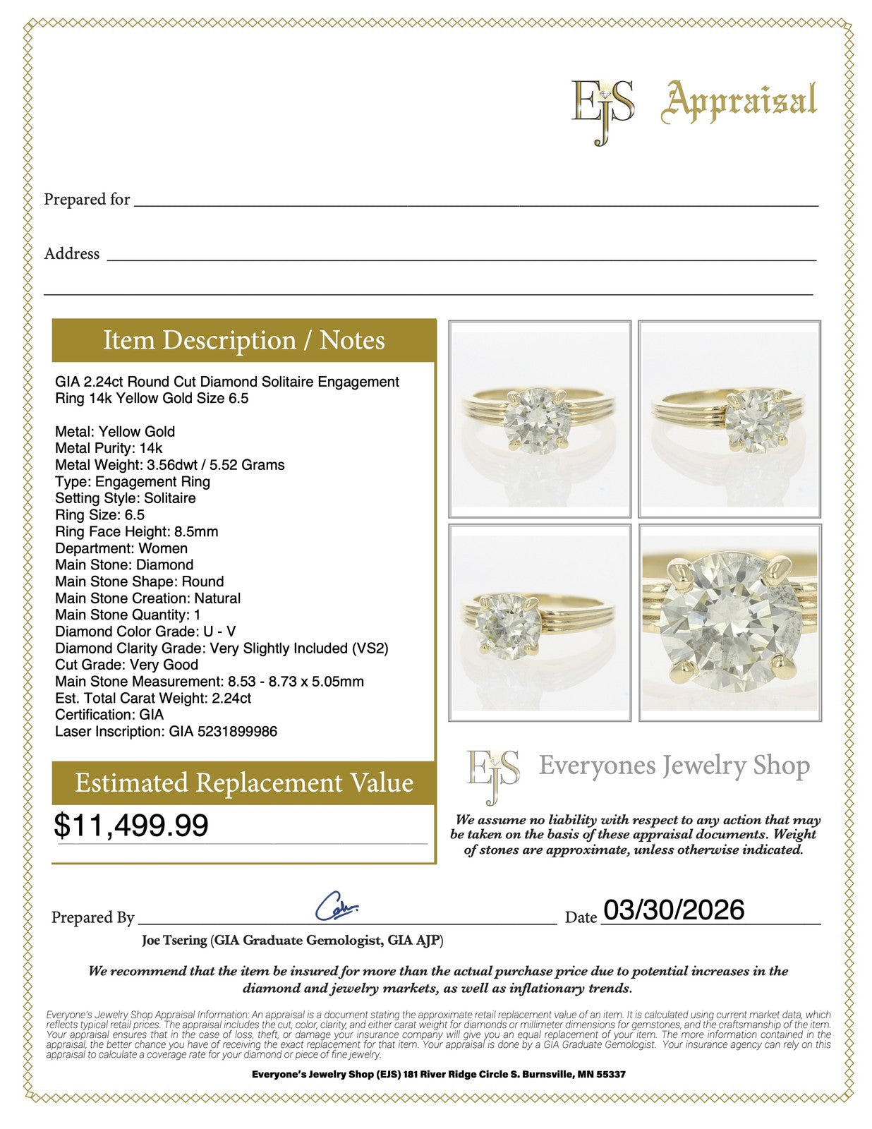 2.24ct Round Brilliant Diamond Solitaire Ring — GIA Certified, 14k Yellow Gold