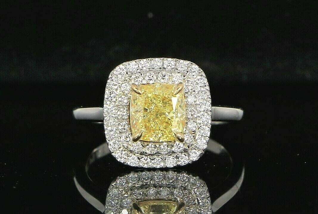 1.23ct Cushion Modified Brilliant Fancy Intense Yellow Diamond Engagement Ring — GIA Certified, Platinum & 18K Gold