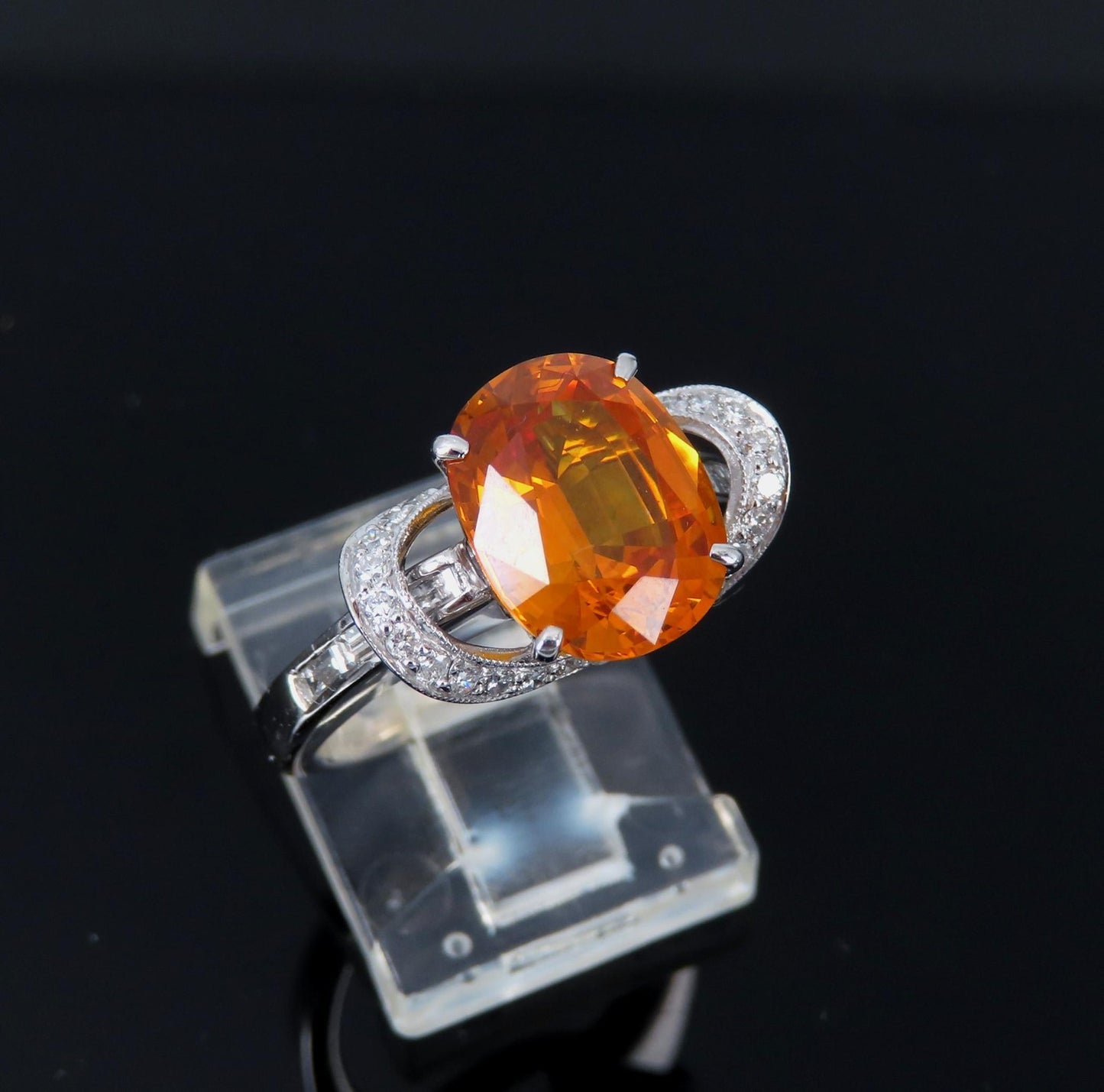 4.49ct Cushion Cut Vivid Orange Sapphire & 0.51ct Diamond Ring — GIA Certified, Platinum